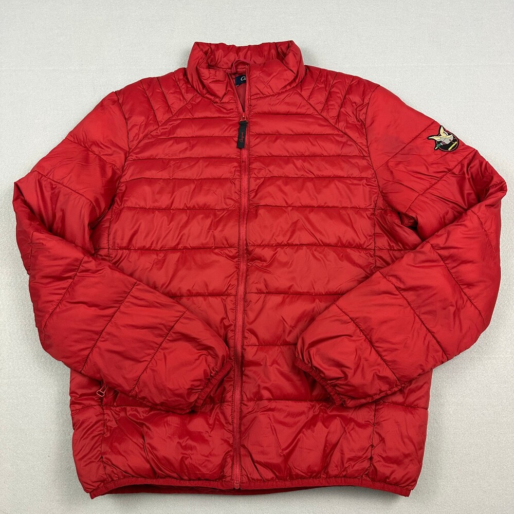 Chevignon Jacket Men Large Red Puffer Quilted Full Zip Duck Patch Outdoor L *